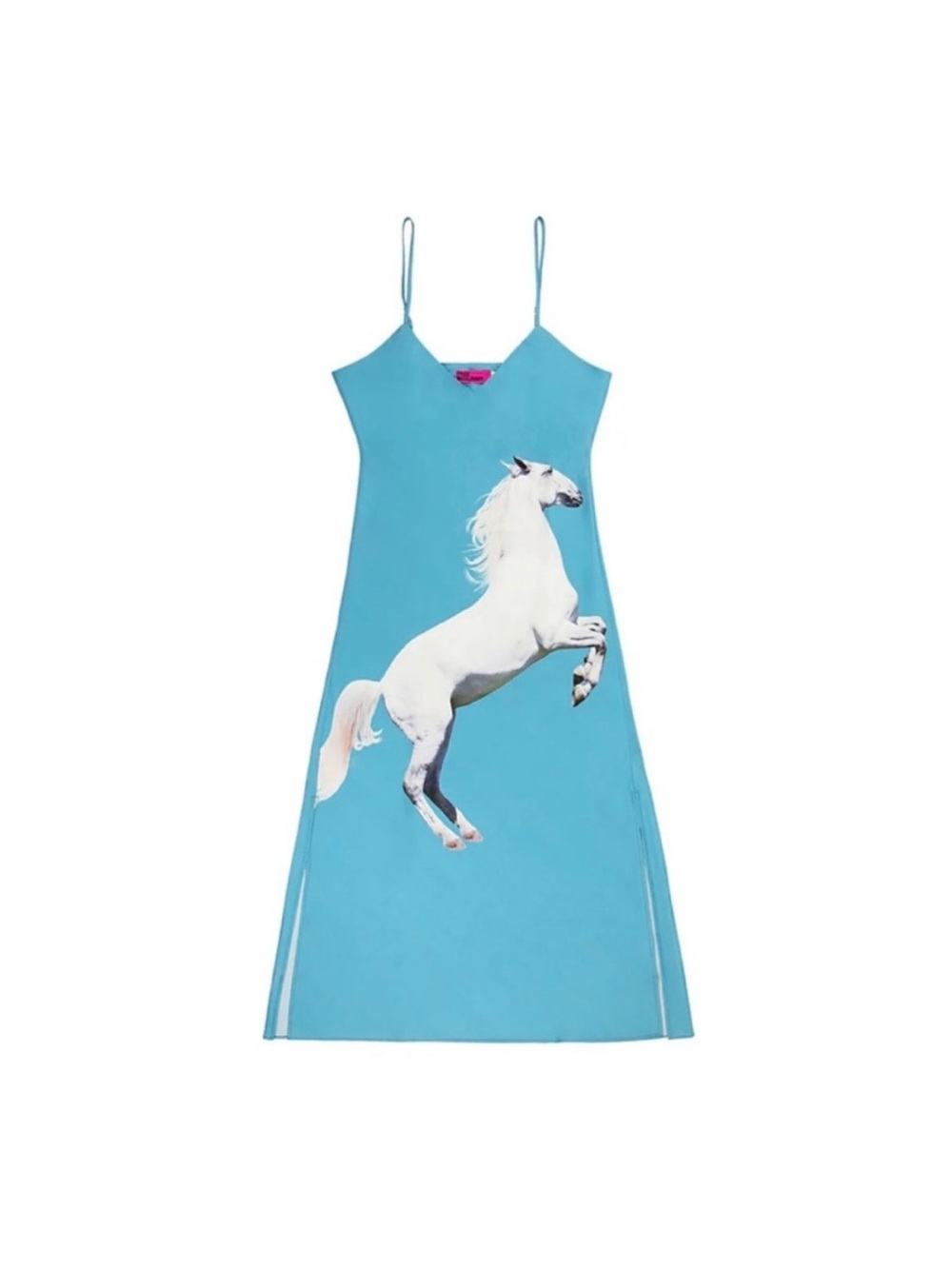 Tyler McGillivary White Horse Blue Midi Slip Dress with Spaghetti Straps